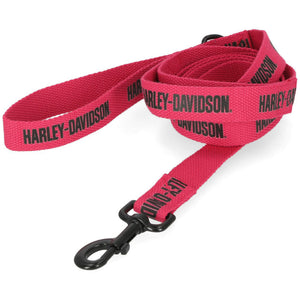 Pink dog leash with black 'Harley-Davidson' branding on a white background