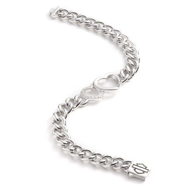 Harley-Davidson Women's Double Heart with Bar & Shield Silver Chain Bracelet, Sterling Silver