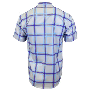 Short-sleeve button-up shirt shown from the back, featuring a white base with a blue and purple plaid pattern.
