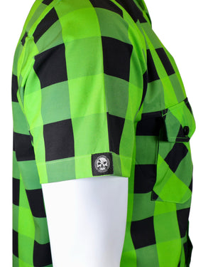 Green and black checkered jacket with a brand logo on a white background
