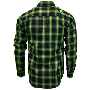 A long-sleeve plaid button-up shirt shown from the back, featuring a black and neon green checkered pattern with a circular green logo on the upper right shoulder.