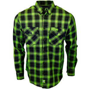A long-sleeve button-up flannel shirt with a bright neon green and black plaid pattern, featuring two chest pockets and a visible 'EXODUS BRAND' label on the left chest.
