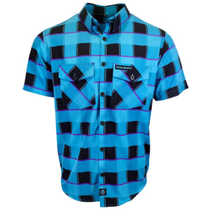A short-sleeve button-up shirt with a bold blue, black, and purple plaid pattern. It features two buttoned chest pockets, one of which has a visible 'DICKIE BURNS' brand patch.