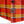Close-up of a plaid button-up shirt corner showing orange, yellow, and red stripes with a black button and a gray brand patch.