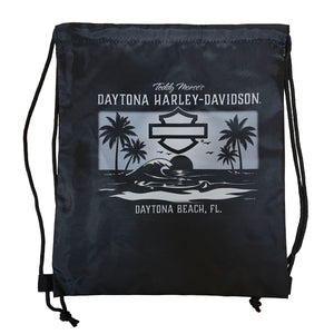 Black drawstring bag with Daytona Harley-Davidson logo featuring palm trees and a beach scene.
