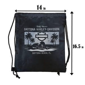 Black drawstring bag with Daytona Harley-Davidson logo and dimensions on a white background
