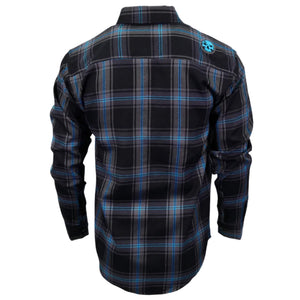 Black and blue plaid shirt with a brand logo on the sleeve against a white background