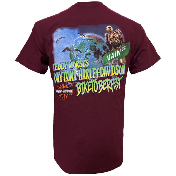 Teddy Morse's Daytona Harley-Davidson Men's Biketoberfest 2025 Graveyard Perch Short Sleeve Shirt, Maroon red
