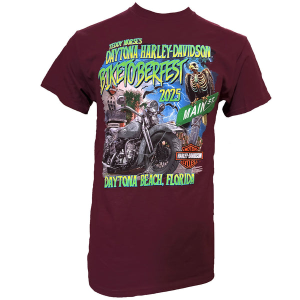 Teddy Morse's Daytona Harley-Davidson Men's Biketoberfest 2025 Graveyard Perch Short Sleeve Shirt, Maroon red