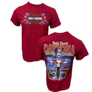 Red Harley-Davidson t-shirt with front and back designs on a white background