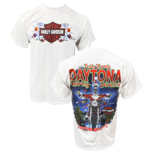 Two Harley Davidson t-shirts, one with a logo and the other with a graphic of a motorcycle rider.