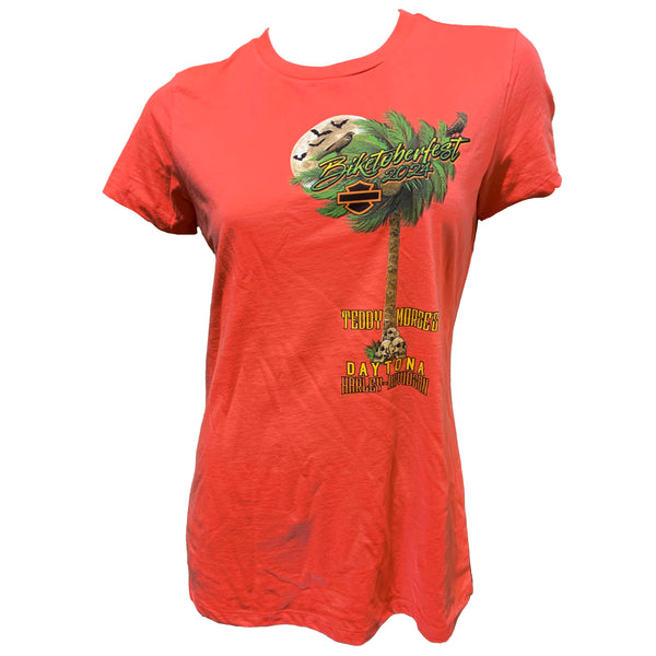 Teddy Morse's Daytona Harley-Davidson Women's Biketoberfest 2024 Midnight Palms Short Sleeve Shirt, Coral Red