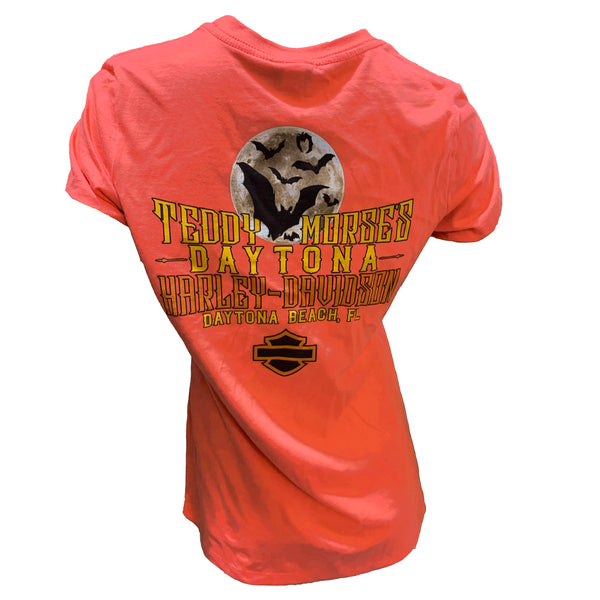 Teddy Morse's Daytona Harley-Davidson Women's Biketoberfest 2024 Midnight Palms Short Sleeve Shirt, Coral Red