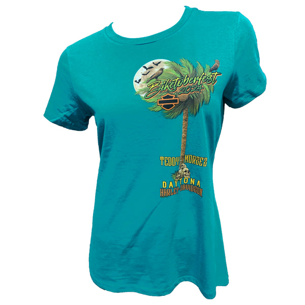 Teddy Morse's Daytona Harley-Davidson Women's Biketoberfest 2024 Midnight Palms Short Sleeve Shirt, Jade Green