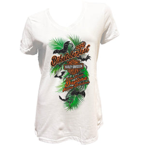 White t-shirt with Harley Davidson graphic design on a white background