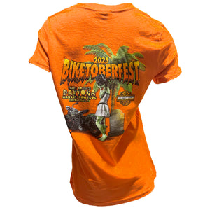 Orange t-shirt with '2025 Biketoberfest' graphic design on a white background