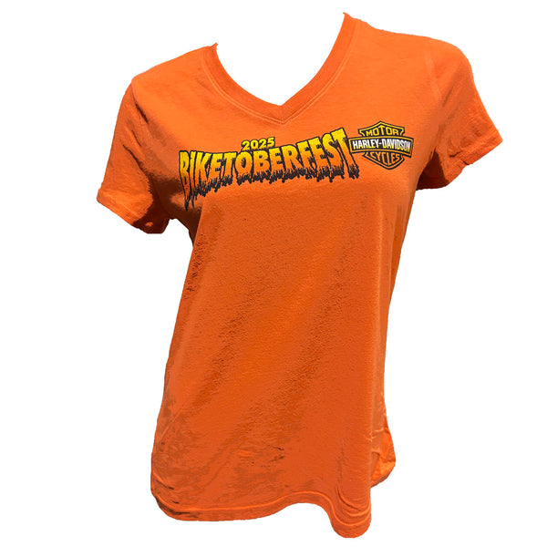 Orange t-shirt with 'Biketoberfest' and Harley-Davidson logo on a white background