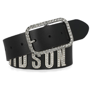 Black belt with a decorative buckle and Harley-Davidson branding on a white background