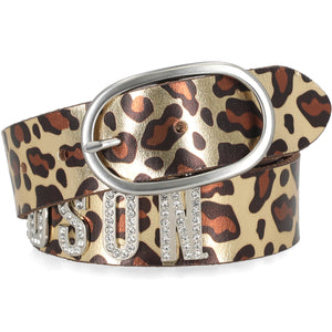 Leopard print belt with a silver buckle and 'BOSS' letters on a white background