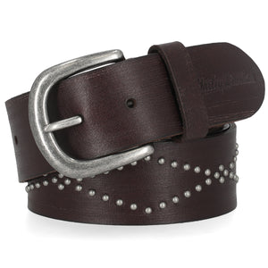 Brown leather belt with silver buckle and studded details on a white background