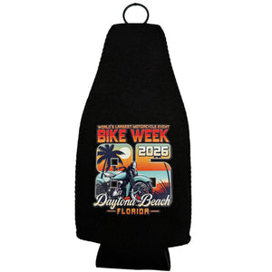 Black can cooler with 'Bike Week 2026 Daytona Beach Florida' design on a white background