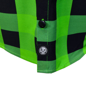 Demons Behind Me Men's Incredible H Light Weight 4 Way Stretch Button-Up Short Sleeve Shirt, Green/Black HGBU001