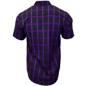 Black shirt with purple grid pattern on a white background