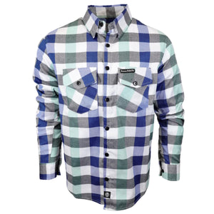 Plaid shirt with blue, green, and gray pattern on a white background
