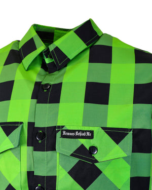 Green and black checkered shirt with a brand label on a white background