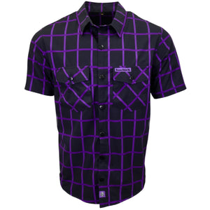 Black shirt with purple grid pattern on a white background