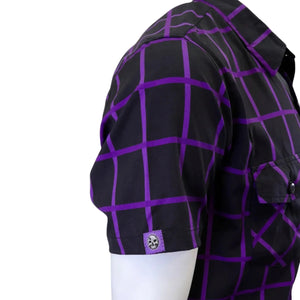 Black shirt with purple grid pattern on a white background