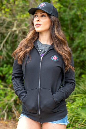 Demons Behind Me Women's Gypsy Skull Zip-Up Long Sleeve Hoodie, Black GZH001