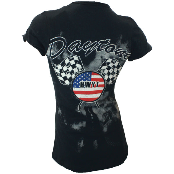 Liberty Wear Women's Custom Ride to Daytona Bling Embellished Short Sleeved Shirt, Black