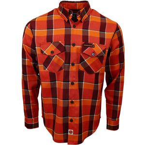 A long-sleeve button-up flannel shirt in a vibrant orange, red, and brown plaid pattern, featuring two buttoned chest pockets and a visible Doc Marting brand patch on the left chest.