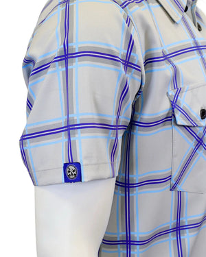 Demons Behind Me Men's Blueprint Light Weight 4 Way Stretch Button-Up Short Sleeve Shirt, White/Blue GBU002