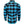 A long-sleeve plaid flannel shirt shown from the back, featuring a bold pattern of bright blue, black, and gray checks with thin purple accent lines. A small circular embroidered logo is visible on the upper right shoulder.
