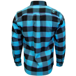 A long-sleeve plaid flannel shirt shown from the back, featuring a bold pattern of bright blue, black, and gray checks with thin purple accent lines. A small circular embroidered logo is visible on the upper right shoulder.