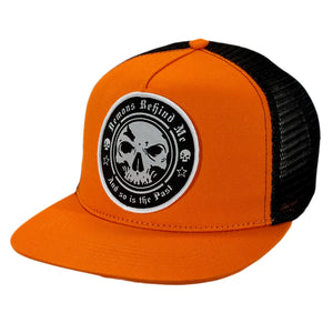 Orange and black cap with skull design and text on a white background