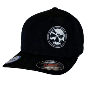 Black cap with a skull emblem on a white background