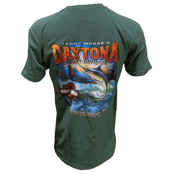 Teddy Morse's Daytona Harley-Davidson Men's Fish N' Ride Short Sleeve Shirt, Pine Green
