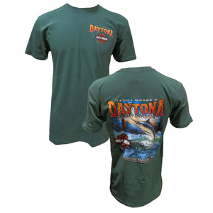 Teddy Morse's Daytona Harley-Davidson Men's Fish N' Ride Short Sleeve Shirt, Pine Green