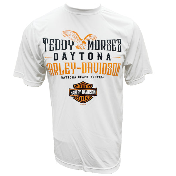 Teddy Morse's Daytona Harley-Davidson Men's Store Logo Moisture Wicking Short Sleeve Shirt, White