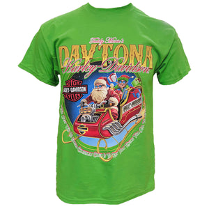 Green t-shirt with Santa Christmas Daytona Harley Davidson graphic on a white background
