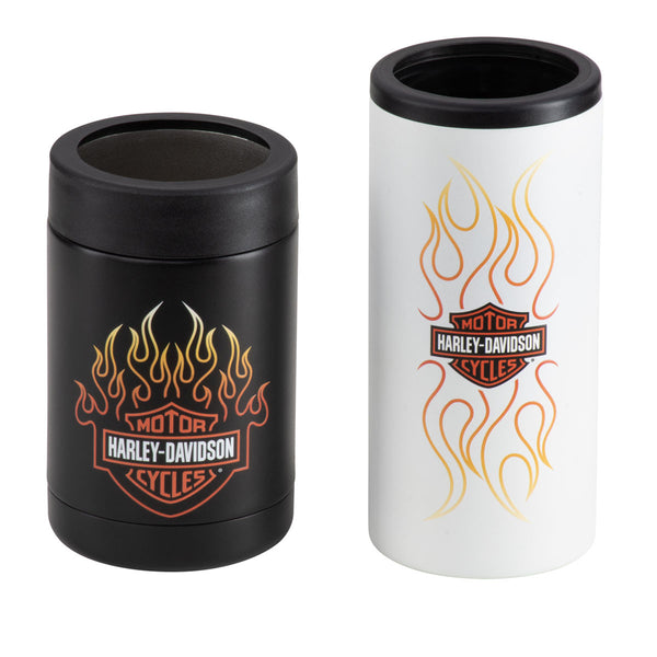 Harley-Davidson Stainless Steel Bar & Shield Flames Vacuum Insulated Can Cooler Set, Black/White HDL-18630