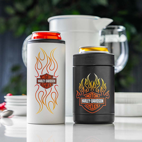 Harley-Davidson Stainless Steel Bar & Shield Flames Vacuum Insulated Can Cooler Set, Black/White HDL-18630