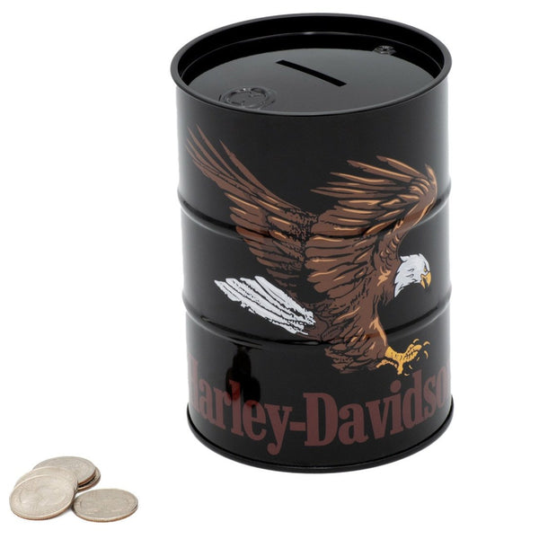 Harley-Davidson Swooping Eagle Oil Barrel Tin Bank w/ Removable Lid Black HDL-18636