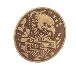 A round Harley-Davidson motorcycle emblem or wall sign featuring a detailed eagle head and the classic Harley-Davidson Motor Cycles logo, shown on a plain white background.
