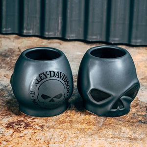 Harley-Davidson Willie G. Skull Set Of 2 Ceramic Sculpted Shot Glass Set, Black Finish HDL-18835