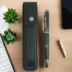 Harley-Davidson pen with black leather case on a white background
