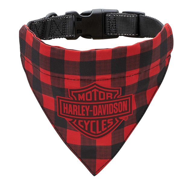 Harley-Davidson Holiday Water-Resistant Embossed B&S Adjustable Collar Clasp Plaid, Large/X-Large Pet Bandana Red/Black HDX-90211